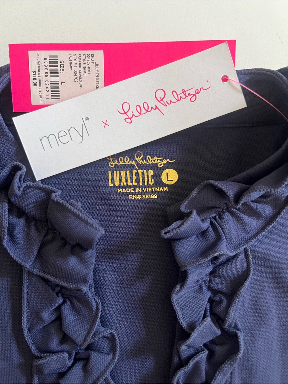 Lilly Pulitzer Luxletic Frida Ruffle Polo UPF 50+ Navy Size L NWT - Picture 5 of 6